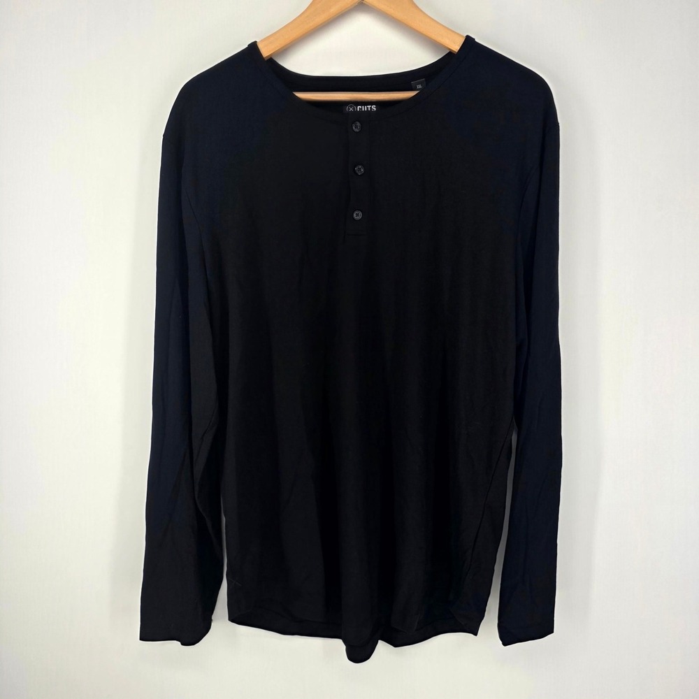 Cuts Henley Mens XXL Black Curve-Hem Long Sleeve PYCA Pro L1034 Shirt New